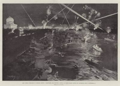La bienvenida de Nueva York al almirante Dewey, fuegos artificiales y exhibición eléctrica en el río Hudson frente a Riverside Drive, 29 de septiembre de G. W. Peters